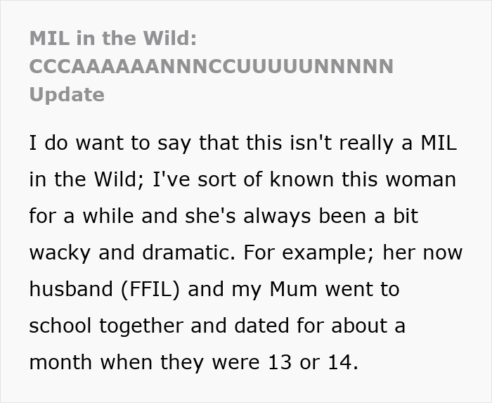 A screenshot of text describing a woman's drunken tantrum, mentioning MIL in the Wild and Cancun.