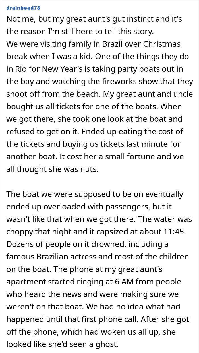 A great aunt's gut feelings prevent her family from boarding an overloaded boat that later capsizes.