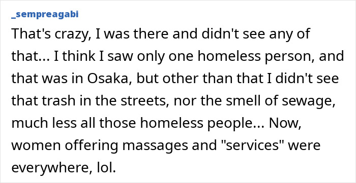 A screenshot of a comment about a tourist's experience in Japan, mentioning no trash or homeless, but women offering services.
