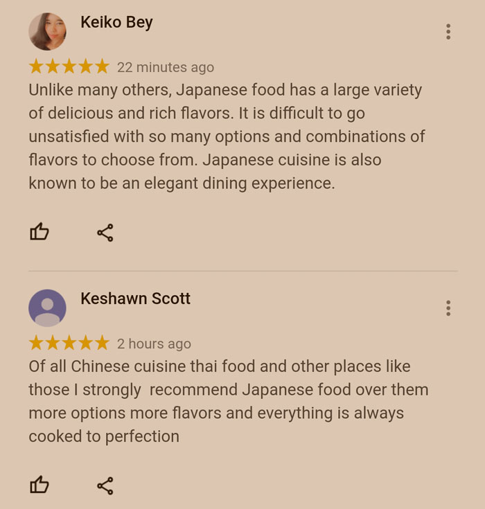 Restaurant scam: fake positive reviews by Keiko Bey and Keshawn Scott for a Japanese restaurant.