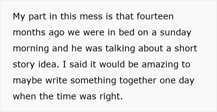 Screenshot of an author detailing how her boyfriend lied about co-writing her book, based on a casual conversation.