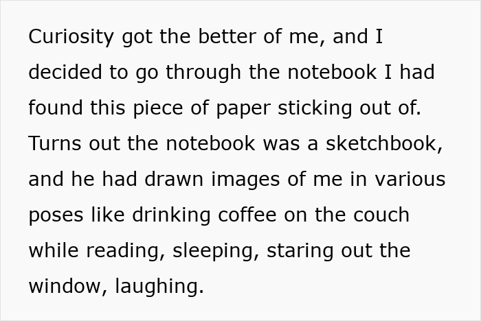 Text describing discovering a sketchbook with images of a husband living a double life.