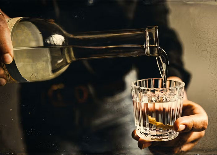 Hand pouring alcohol into a glass in a dimly lit setting Hand pouring alcohol into a glass in a dimly lit setting