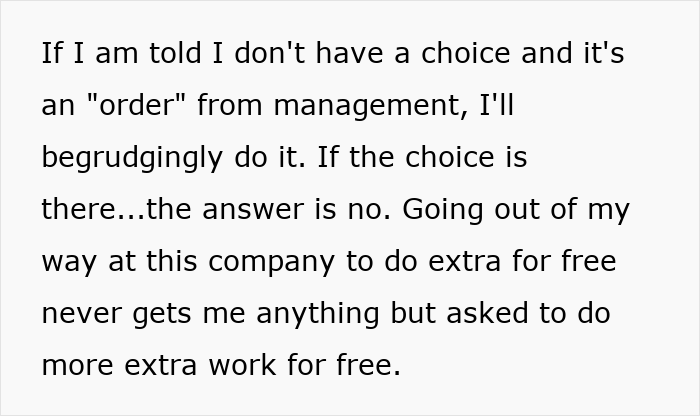A screenshot of text about a coworker's refusal to do extra free work despite an ableist Karen's demands.