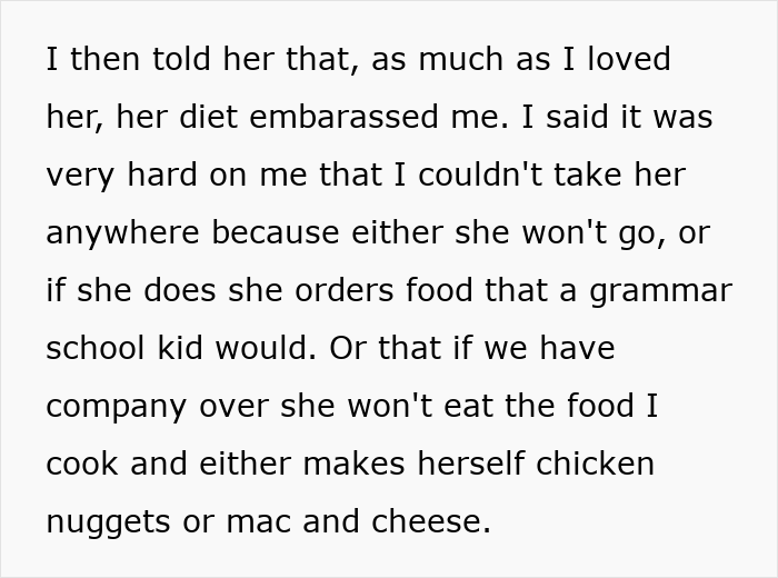 Text explaining how a picky eater girlfriend's diet causes embarrassment and limits social dining in their relationship. Text explaining how a picky eater girlfriend's diet causes embarrassment and limits social dining in their relationship.