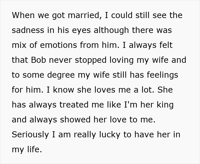 A text block describing a man's sadness, love for his wife, and her continued feelings for her ex after his accident.
