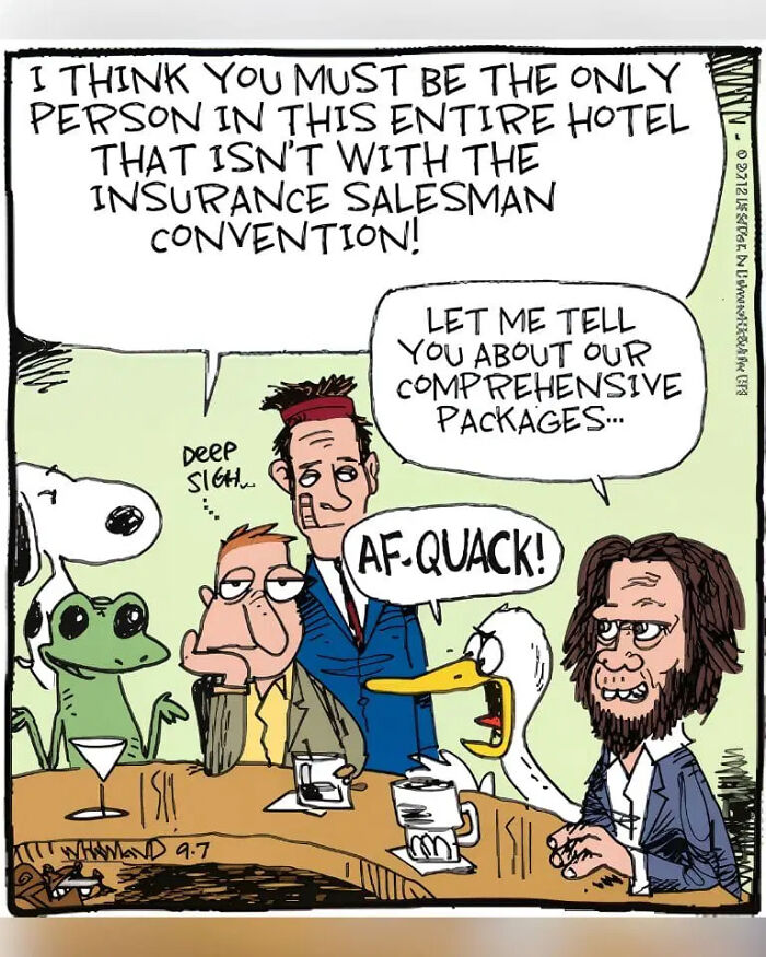 Clever comics by Dave Whamond capturing human nature: a diverse group of characters, including a duck and an insurance salesman, at a bar.