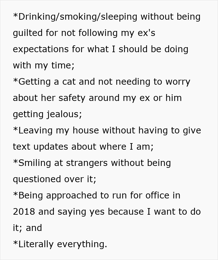 More achievements including drinking/smoking/sleeping freely, getting a cat, leaving the house without updates, and smiling at strangers, free from toxic rules.
