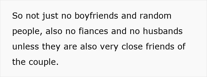 Text describing restrictions on bringing fiances or husbands to wedding Text describing restrictions on bringing fiances or husbands to wedding
