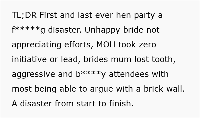 A text summary describing a disastrous bachelorette with family drama, screaming matches, and a missing tooth. A text summary describing a disastrous bachelorette with family drama, screaming matches, and a missing tooth.