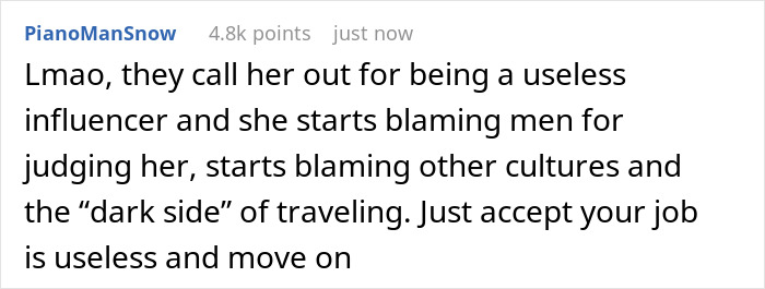 Traveling Influencer's Attempt To Call Out Men Who Told Her She Was Exploiting People Brutally Backfires