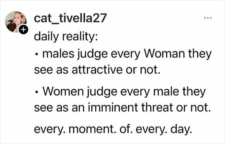 Feminist post on men judging women's attractiveness and women judging men as threats