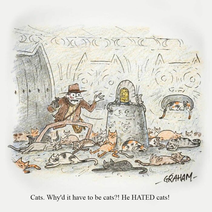 Comic panel with a character surrounded by many cats in a homage to subtle humor comics