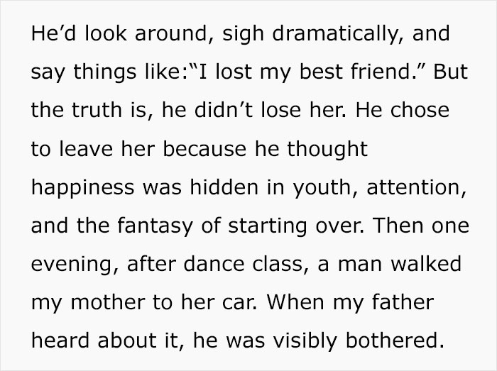 Text about a regretful husband troubled by ex-wife's new companionship