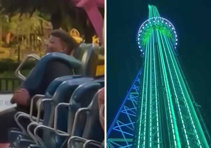 A split image of a person on a ride and a tall amusement park tower at night, illustrating rookie mistakes and tragedies.