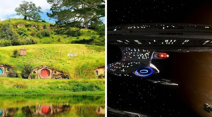 A split image showing Hobbiton and a Star Trek spaceship for a Popular Fiction and Movies Would You Rather Poll.