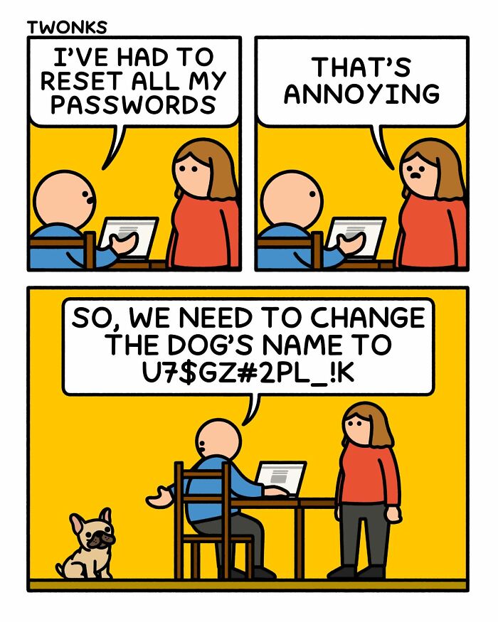 Funny comic by Steve Nelson of a couple discussing changing their dog's name to a complex password.