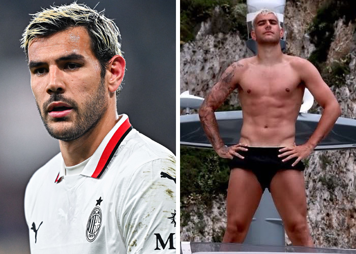 A split image showing a World Cup heartthrob in a white jersey and then shirtless in black swim briefs.
