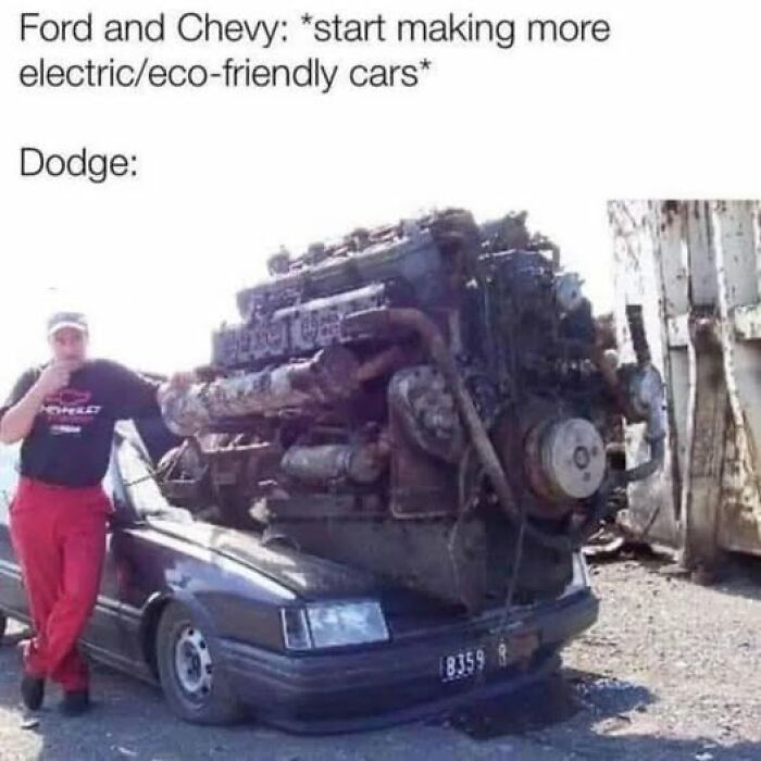 A meme contrasting eco-friendly cars with a ridiculously oversized engine on a small car, humorously depicting Slavic Science.