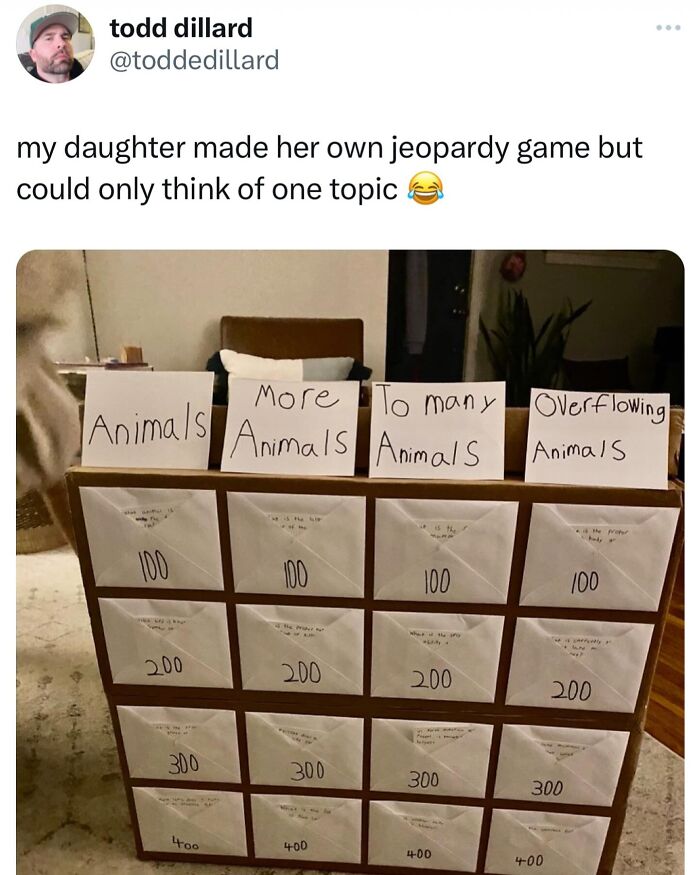 A homemade Jeopardy game with categories like Animals, More Animals, and Overflowing Animals, showcasing funny animal content.