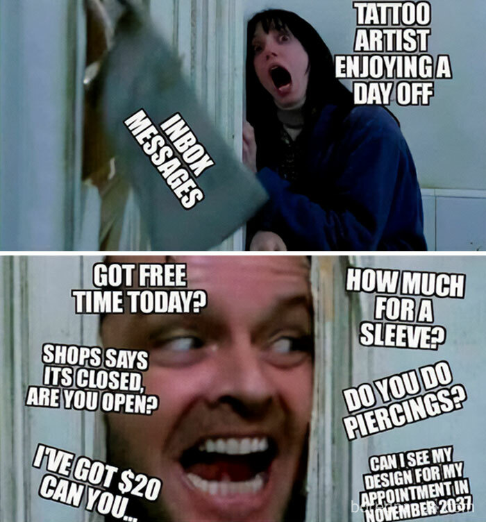 Funny tattoo memes showing a tattoo artist being overwhelmed by inbox messages from clients.