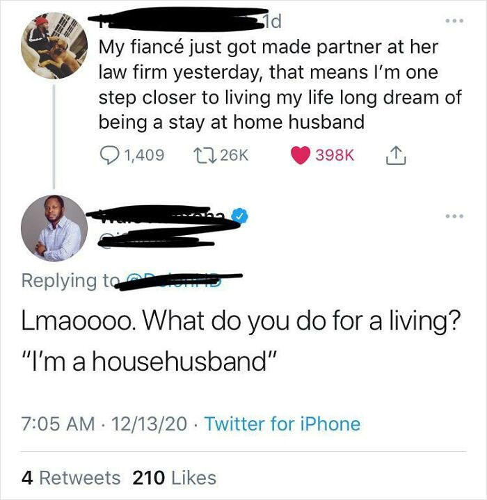 A tweet with a reply mocking a man for wanting to be a stay-at-home husband, highlighting toxic masculinity.