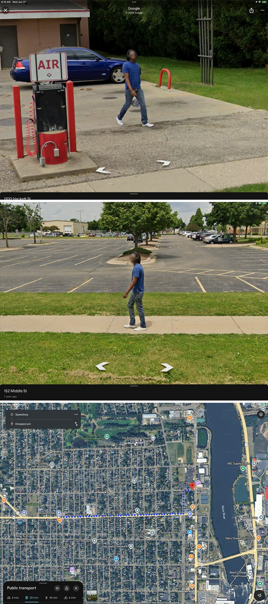 A series of funny Google Street View images depicting a person walking in various locations, including a gas station and a parking lot.