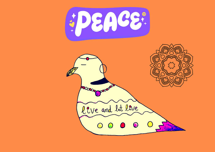 An adorable cartoon dove character illustration, wearing a necklace and a bindi, with the words 'live and let live' on its body, and 'PEACE' written above it on an orange background.