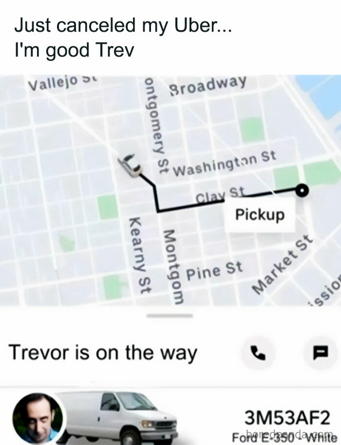 A screenshot of an Uber map showing Trevor as the driver, a cringe image.