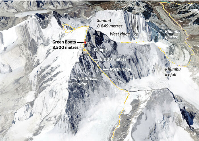 Detailed map showing the location of the frozen body known as Green Boots at 8,500 meters on Mount Everest.