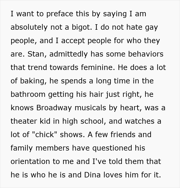 Text discussing fiancé's feminine behaviors and acceptance by family Text discussing fiancé's feminine behaviors and acceptance by family
