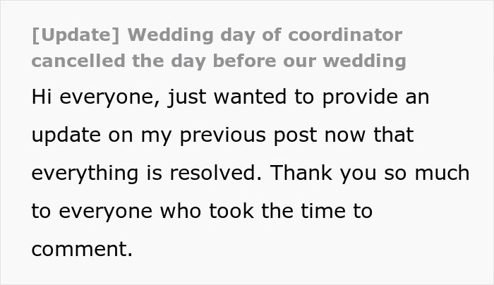 Text update about wedding coordinator cancelling day before wedding resolved