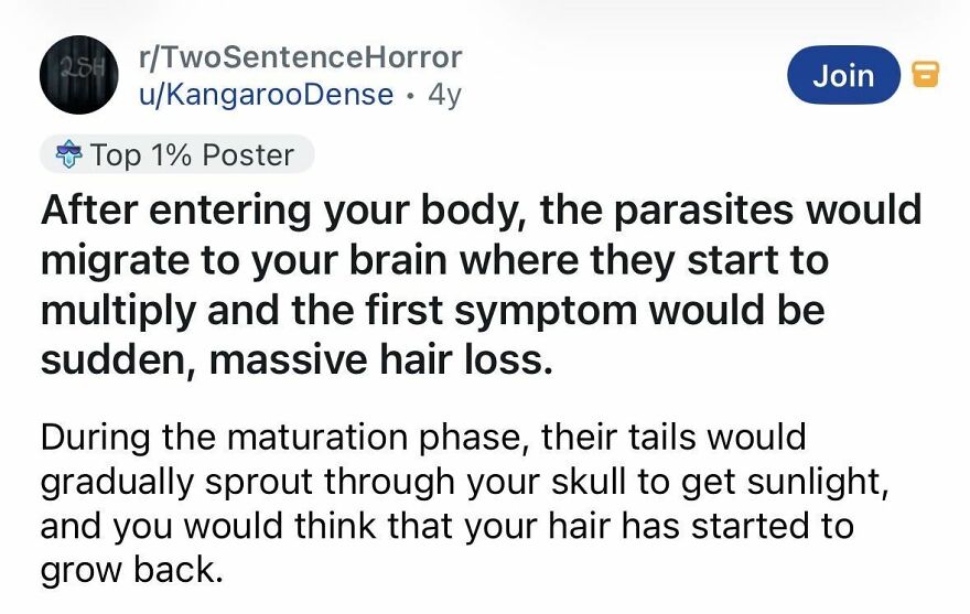 Short spine-chilling story about parasites causing massive hair loss from brain infestation.