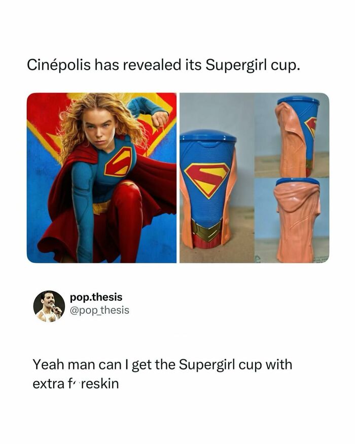 A meme displaying a Supergirl cup from Cinepolis next to the character, a funny pop culture post.