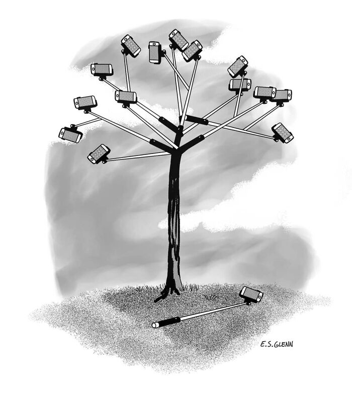 Funny single-panel comics by E.S. Glenn: A tree with branches made of selfie sticks and phones.