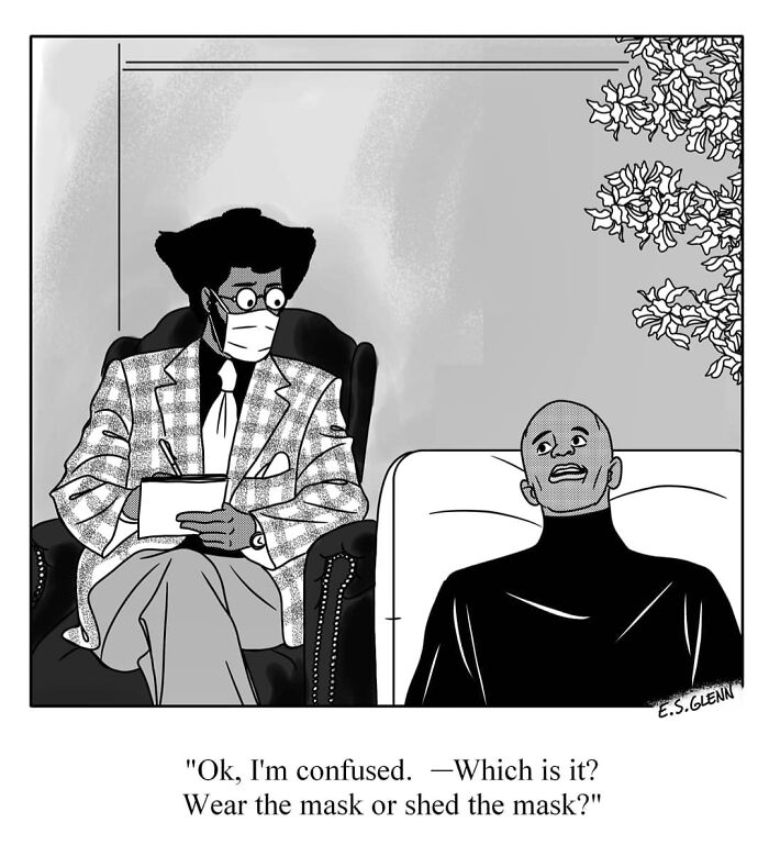 Funny single-panel comics by E.S. Glenn: Therapist confused about mask rules during a session.