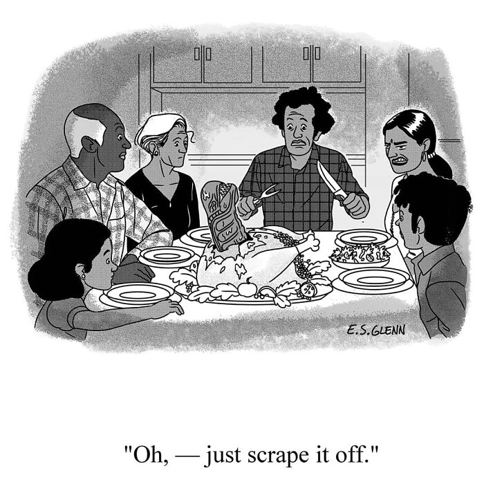 A funny single-panel comic shows a family at dinner, with a man cutting a turkey with a can stuck in it.