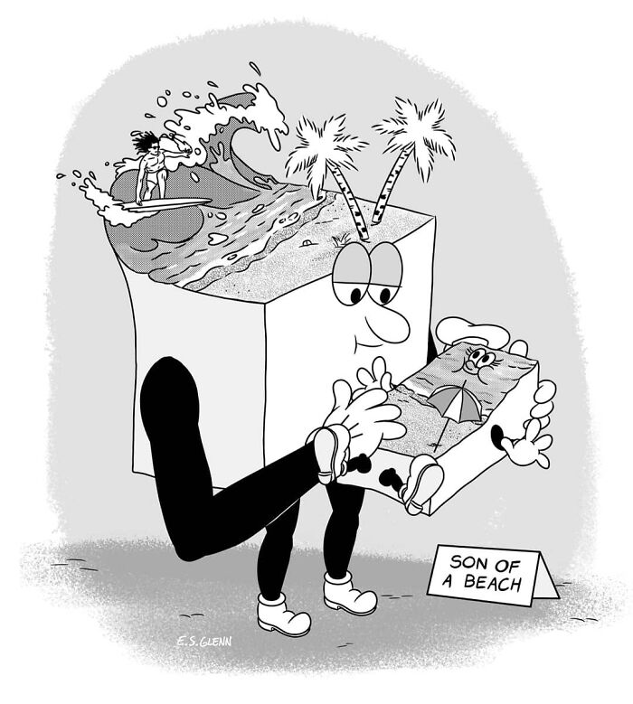 A funny single-panel comic depicts a large block creature holding a smaller block with a beach scene, labeled 'Son of a Beach.'
