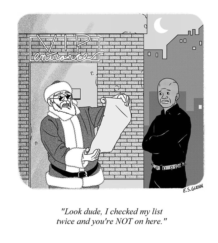 A funny single-panel comic features Santa checking his naughty list, telling a bouncer he's not on it outside a VIP entrance.