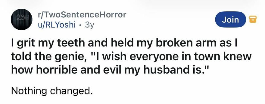 Short spine chilling story about a woman wishing her town knew her husband's evil nature
