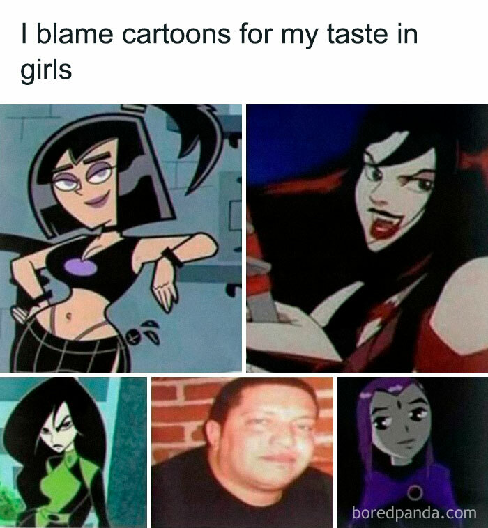 A chaotic pic meme with cartoon characters and a man's face, about taste in girls, among unhinged pics.