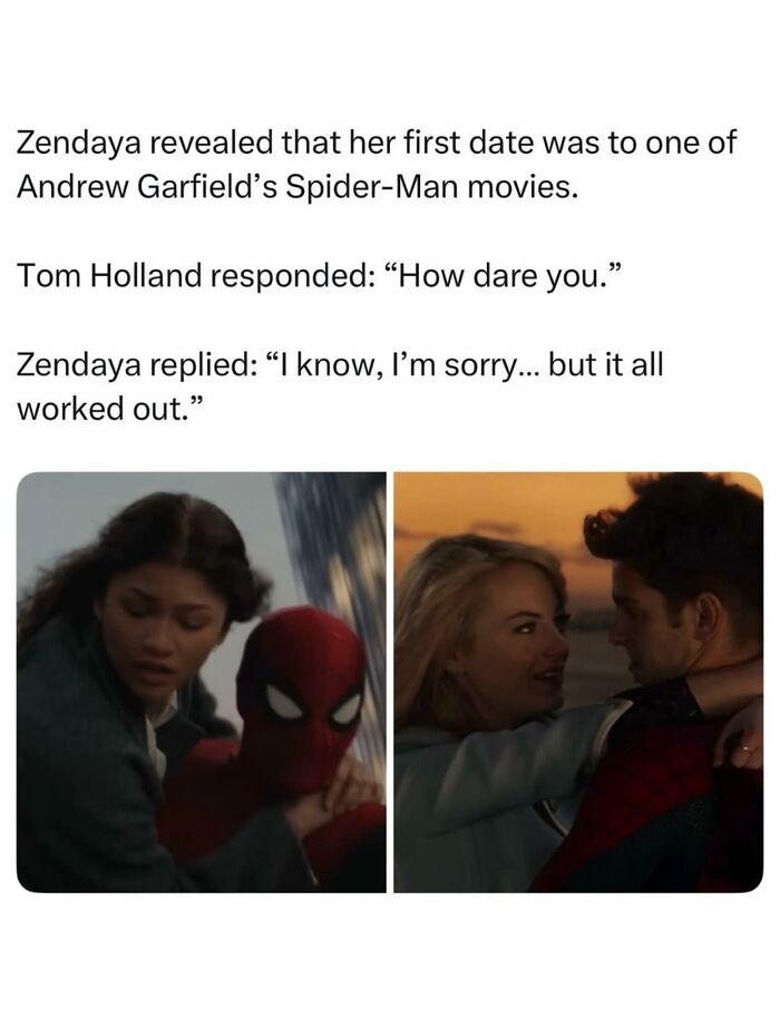 A meme about Zendaya's first date being a Spider-Man movie, a fun pop culture post.