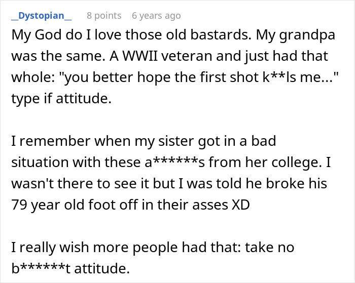 Screenshot of a comment praising a grandpa who gave a reality check to an entitled mom for trespassing. Screenshot of a comment praising a grandpa who gave a reality check to an entitled mom for trespassing.