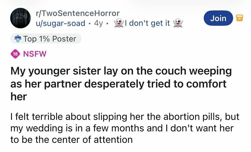 Short spine chilling story featuring a younger sister weeping and a secret involving abortion pills