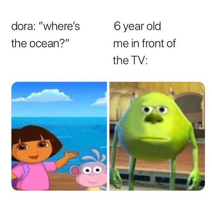 Dora asking where the ocean is with confused six year old meme in front of TV