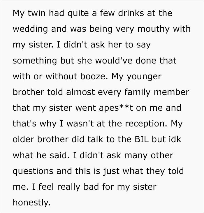 Text about twin drinking at wedding and family conflicts involving sister and BIL Text about twin drinking at wedding and family conflicts involving sister and BIL