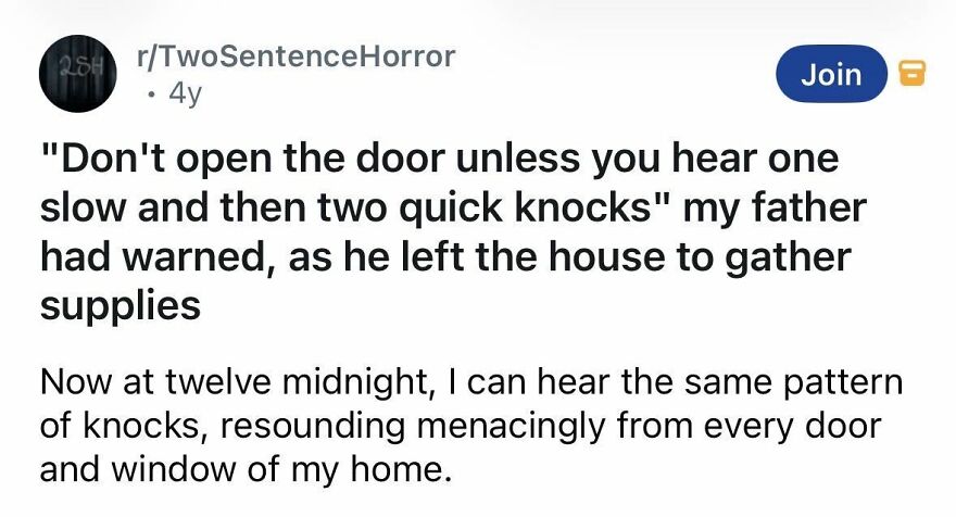 Short spine chilling story about a warning of door knocks heard menacingly at midnight