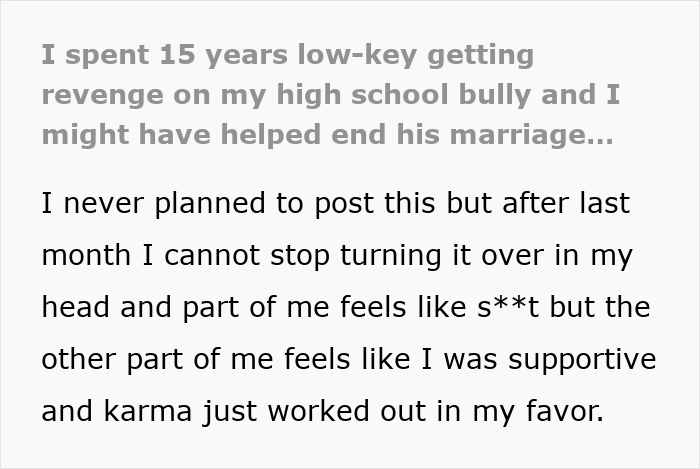 Text excerpt about revenge on high school bully and marriage impact Text excerpt about revenge on high school bully and marriage impact