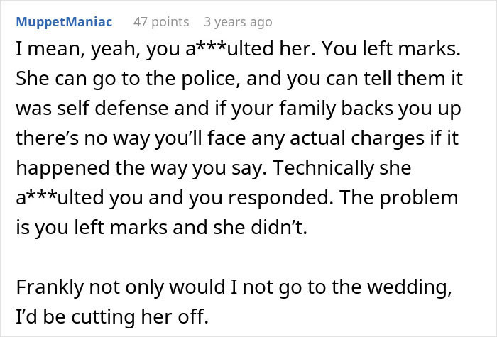 Reddit comment discussing a*****t and wedding attendance in family dispute Reddit comment discussing a*****t and wedding attendance in family dispute