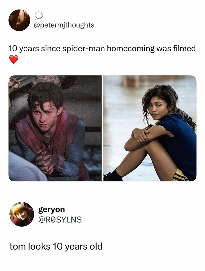 Pop culture post: A split image of Tom Holland and Zendaya from Spider-Man, for good vibes.
